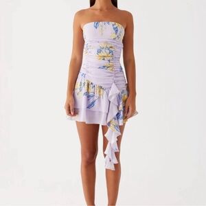 Peppermayo Strapless Floral Mini Dress in Lavender and Blue